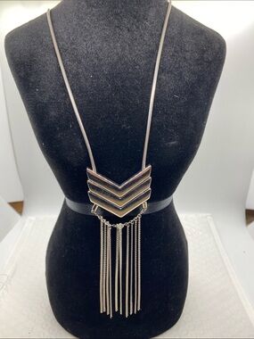 Lane Bryant Silver Tone Chevron Fringe Pendant Necklace-Long Statement Necklace